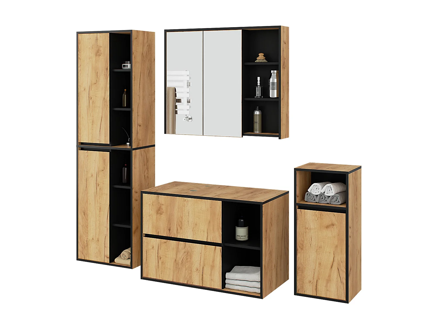 Badkamermeubelset VAMI 4-delige met twee Gaten voor Opzetwastafel / hangende Badkamerkasten / 21 Planken en 2 Lades / Craft Eik - Zwart / AKORD Furniture Factory