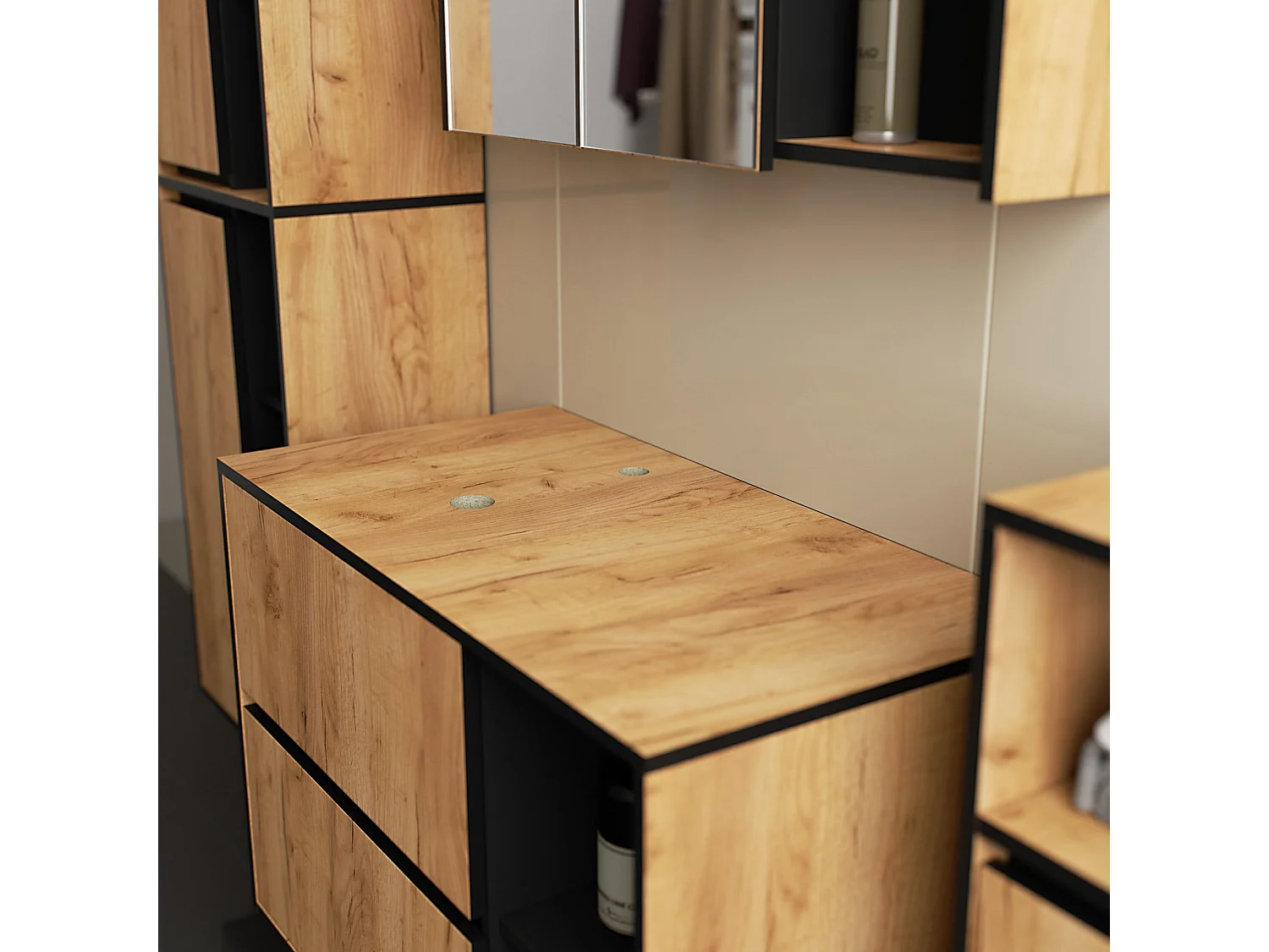 Badkamermeubelset VAMI 4-delige met twee Gaten voor Opzetwastafel / hangende Badkamerkasten / 21 Planken en 2 Lades / Craft Eik - Zwart / AKORD Furniture Factory