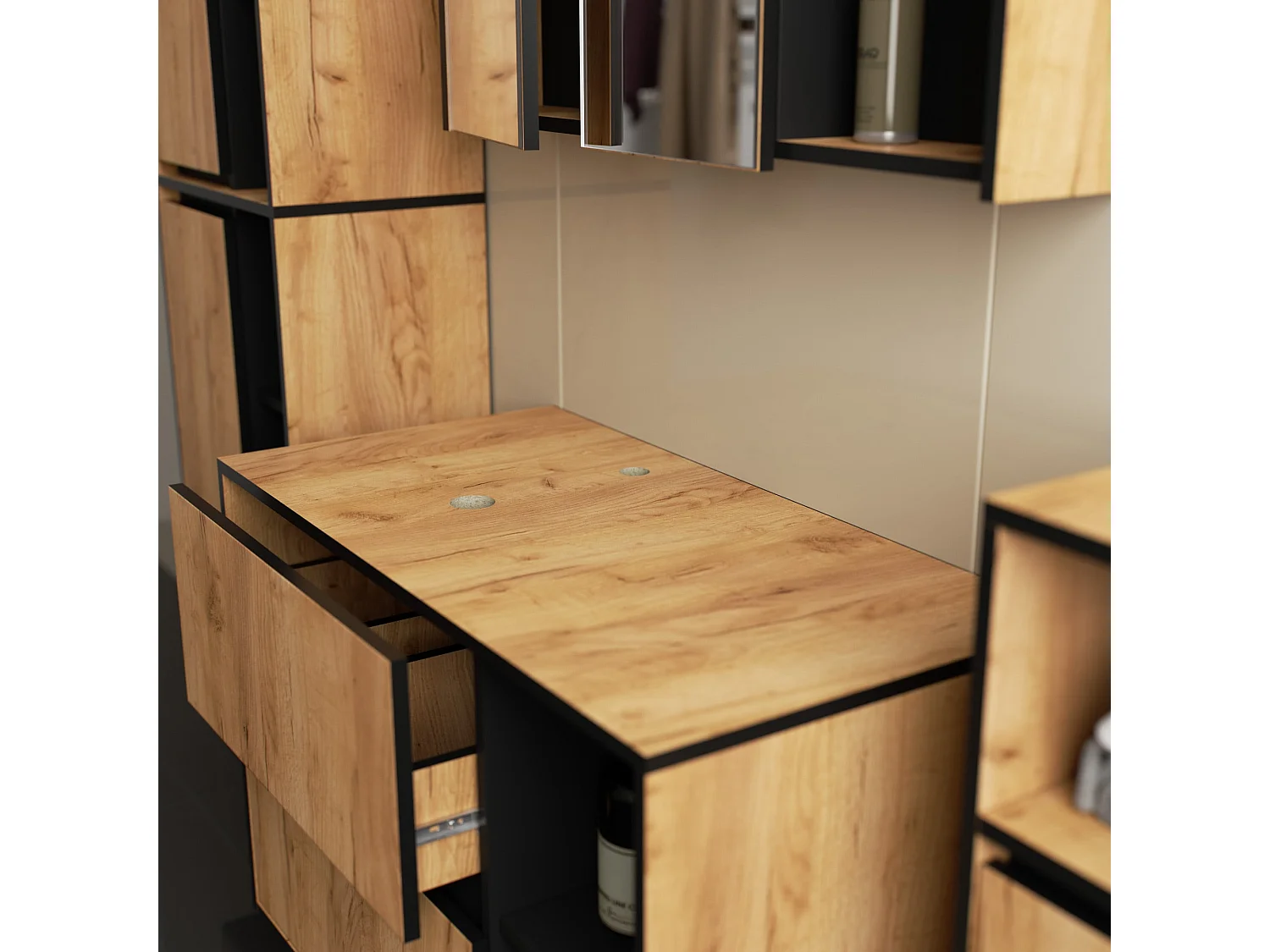 Badkamermeubelset VAMI 4-delige met twee Gaten voor Opzetwastafel / hangende Badkamerkasten / 21 Planken en 2 Lades / Craft Eik - Zwart / AKORD Furniture Factory