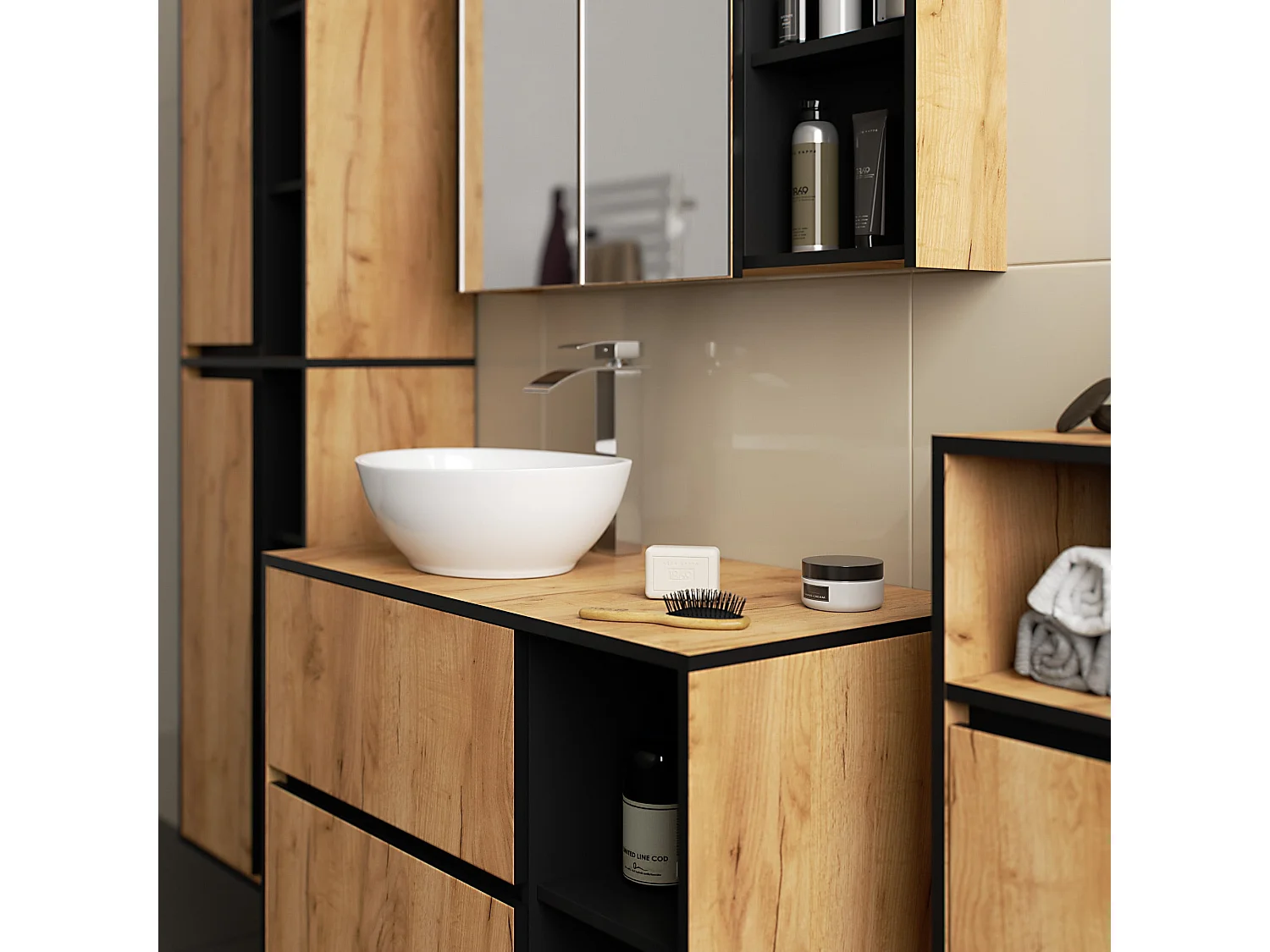 Badkamermeubelset VAMI 4-delige met twee Gaten voor Opzetwastafel / hangende Badkamerkasten / 21 Planken en 2 Lades / Craft Eik - Zwart / AKORD Furniture Factory