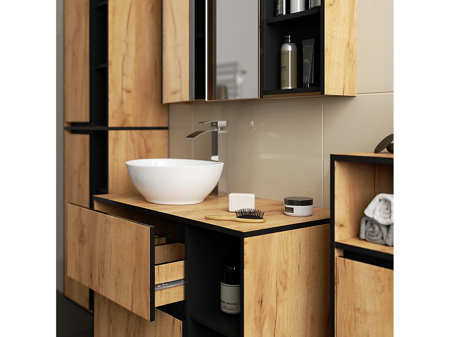 Badkamermeubelset VAMI 4-delige met twee Gaten voor Opzetwastafel / hangende Badkamerkasten / 21 Planken en 2 Lades / Craft Eik - Zwart / AKORD Furniture Factory