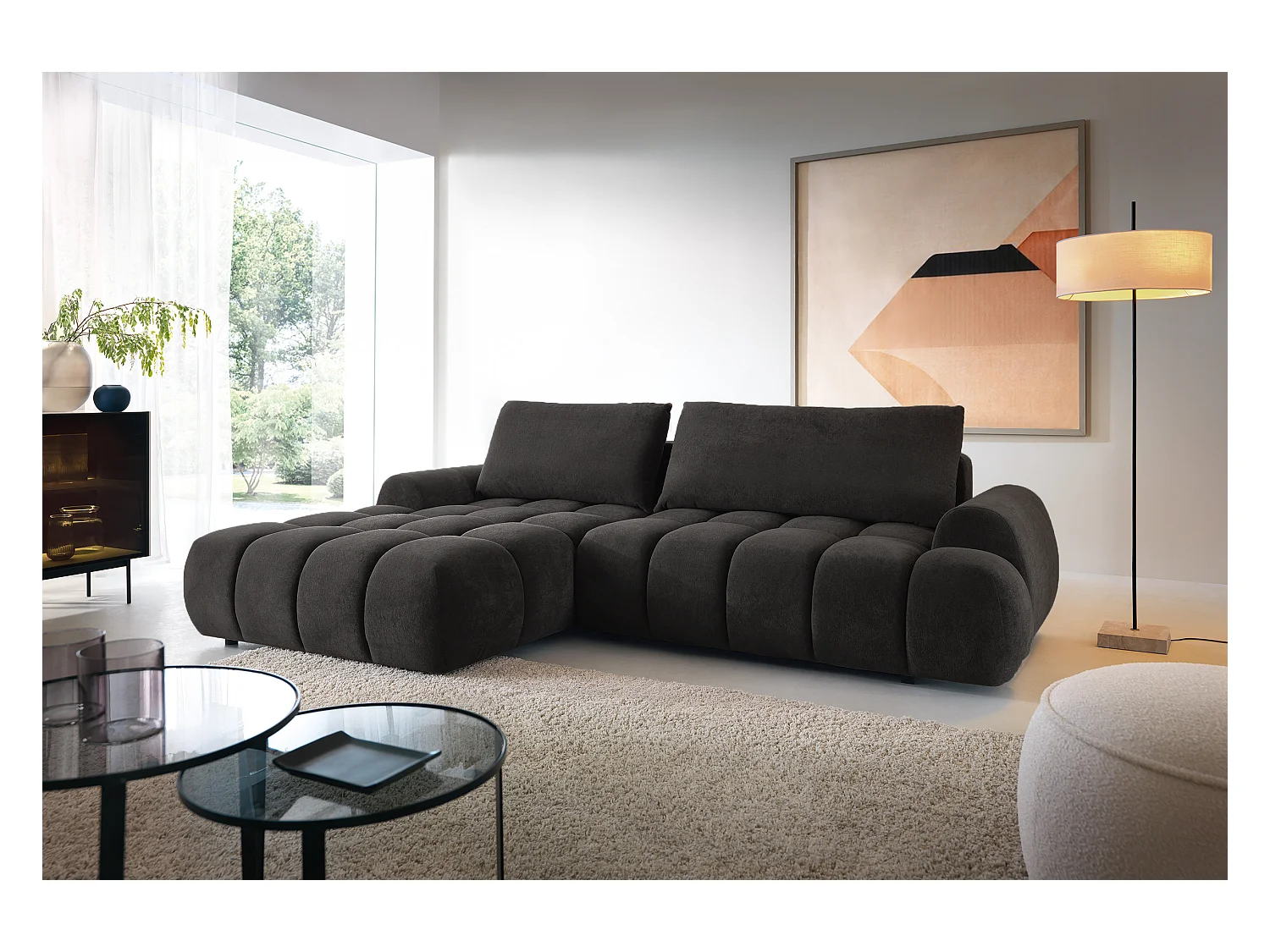 Emporius Valerio Canapé d'angle 280 cm - Canapé Convertible, Gauche - Velours Noir (Gobi 18)