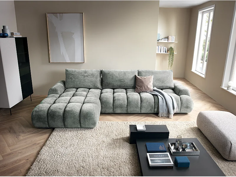 Emporius Valerio Canapé d'angle Convertible - Canapé 340 cm, Gauche - Velours Gris clair  (Ditra New 16)