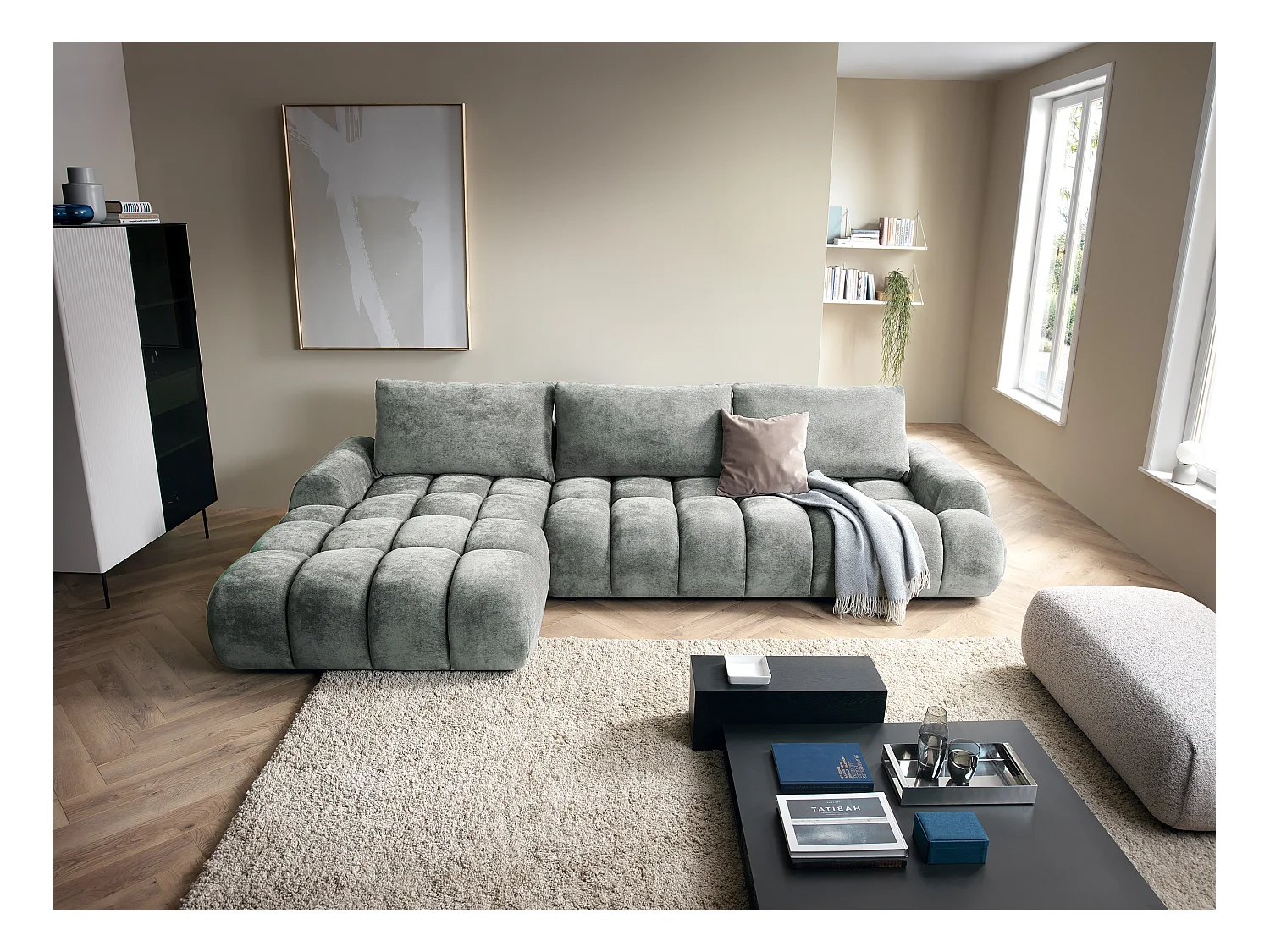 Emporius Valerio Canapé d'angle Convertible - Canapé 340 cm, Gauche - Velours Gris clair  (Ditra New 16)