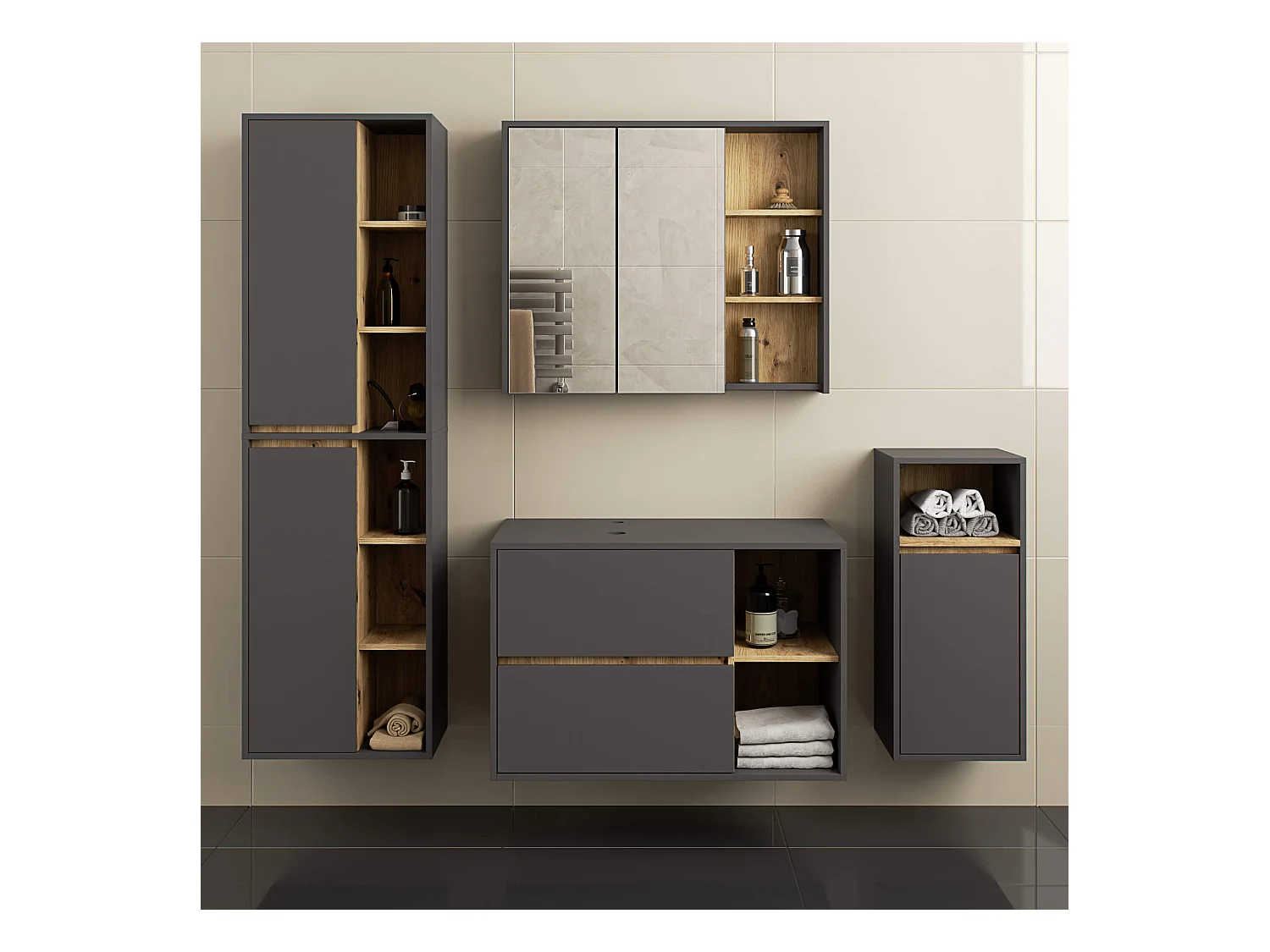 Badkamermeubelset VAMI 4-delige met twee Gaten voor Opzetwastafel / hangende Badkamerkasten / 21 Planken en 2 Lades / Craft Eik - Zwart / AKORD Furniture Factory