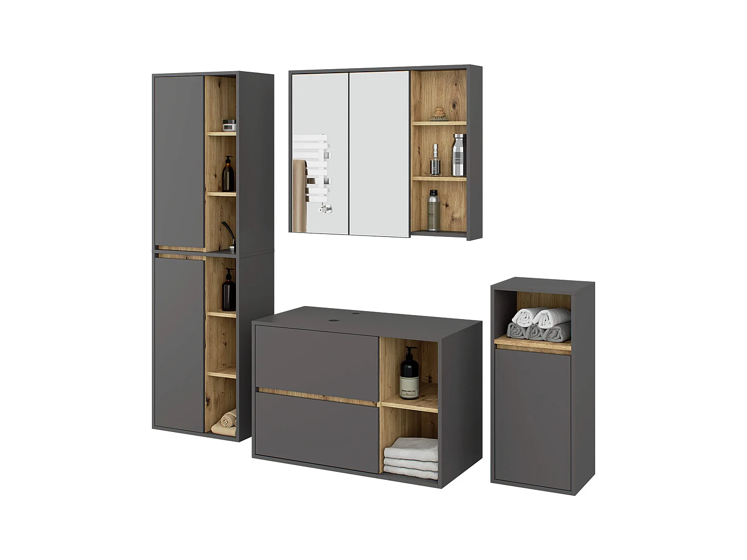 Badkamermeubelset VAMI 4-delige met twee Gaten voor Opzetwastafel / hangende Badkamerkasten / 21 Planken en 2 Lades / Craft Eik - Zwart / AKORD Furniture Factory