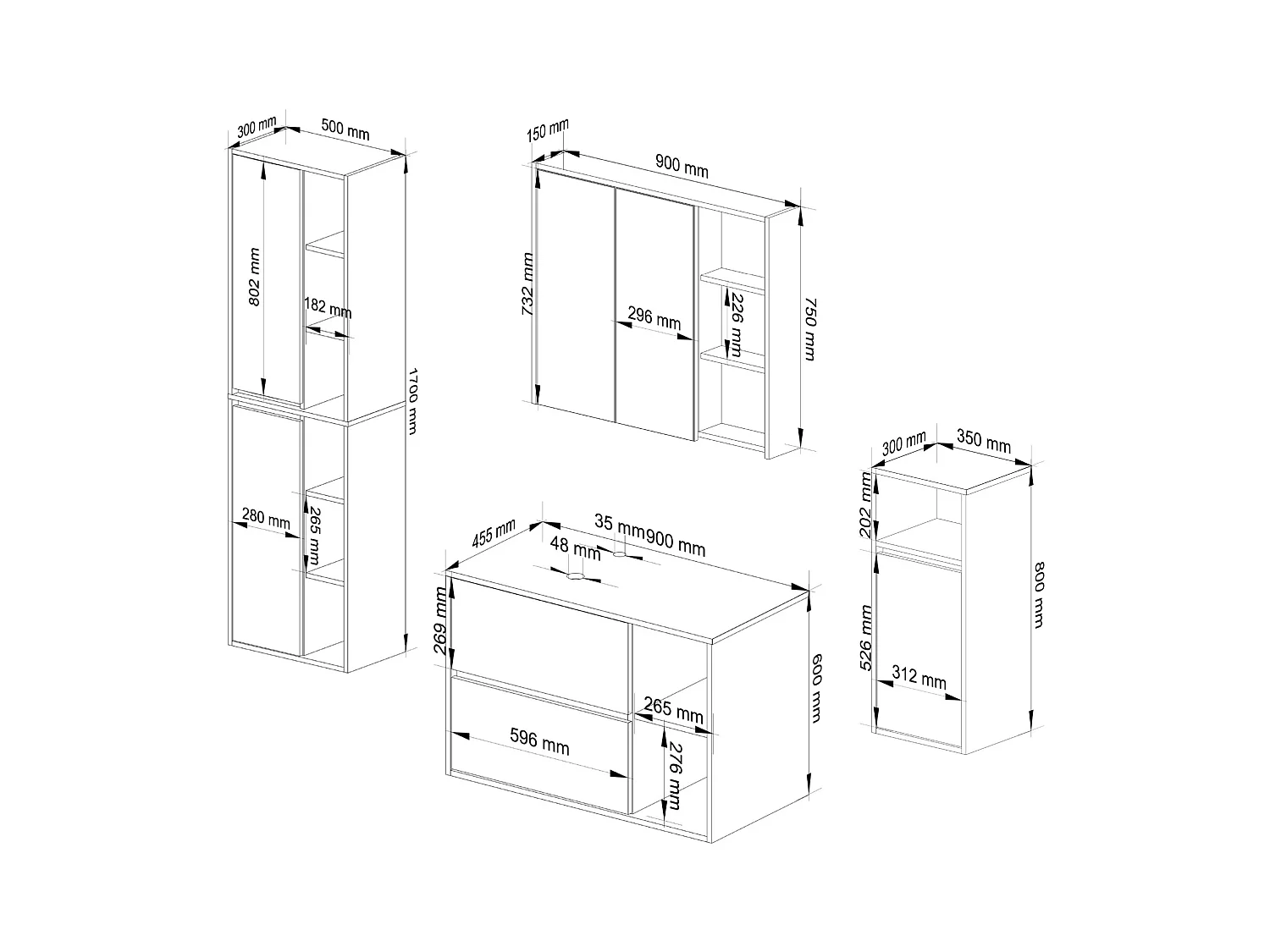 Badkamermeubelset VAMI 4-delige met twee Gaten voor Opzetwastafel / hangende Badkamerkasten / 21 Planken en 2 Lades / Craft Eik - Zwart / AKORD Furniture Factory