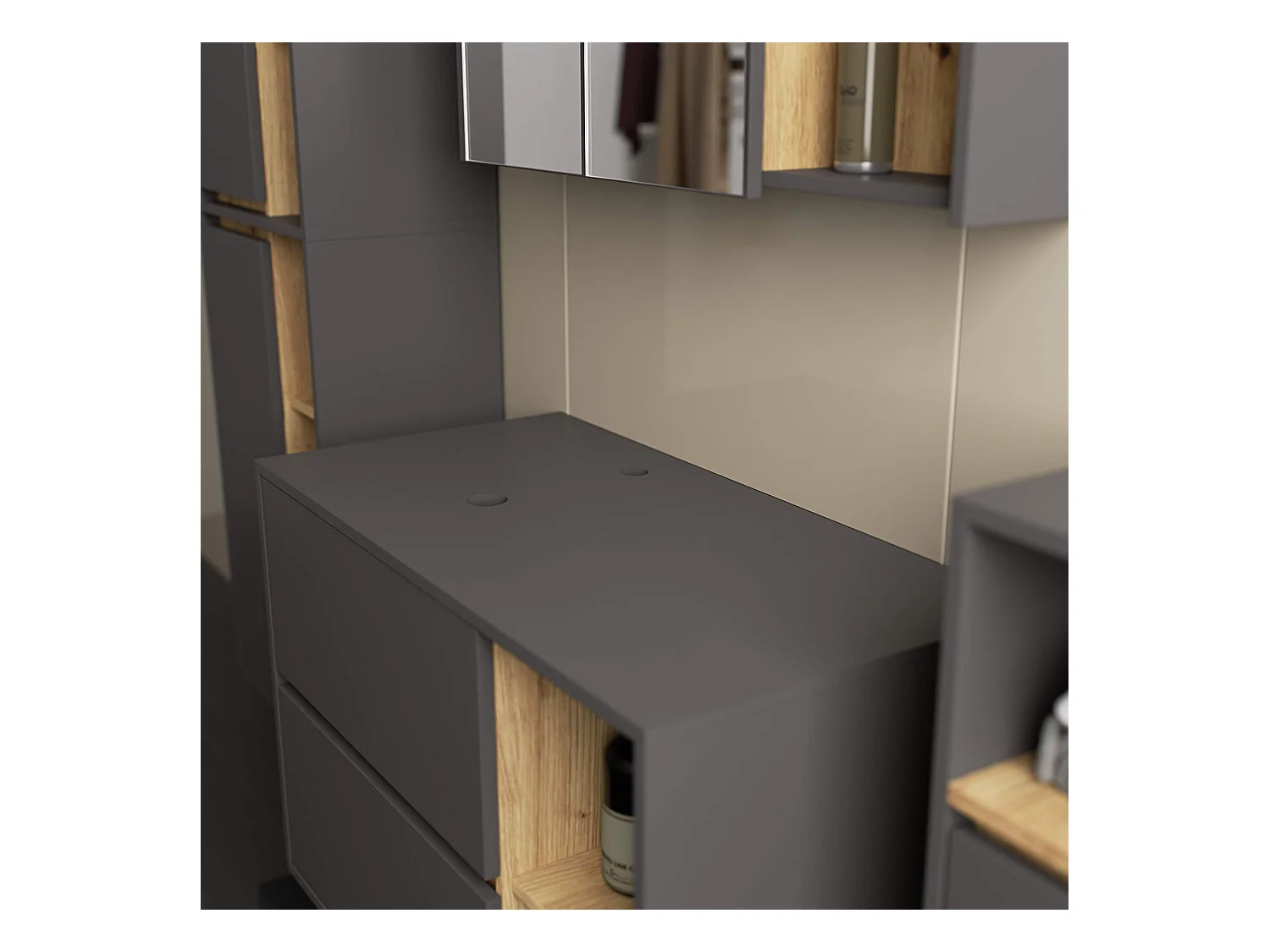 Badkamermeubelset VAMI 4-delige met twee Gaten voor Opzetwastafel / hangende Badkamerkasten / 21 Planken en 2 Lades / Craft Eik - Zwart / AKORD Furniture Factory