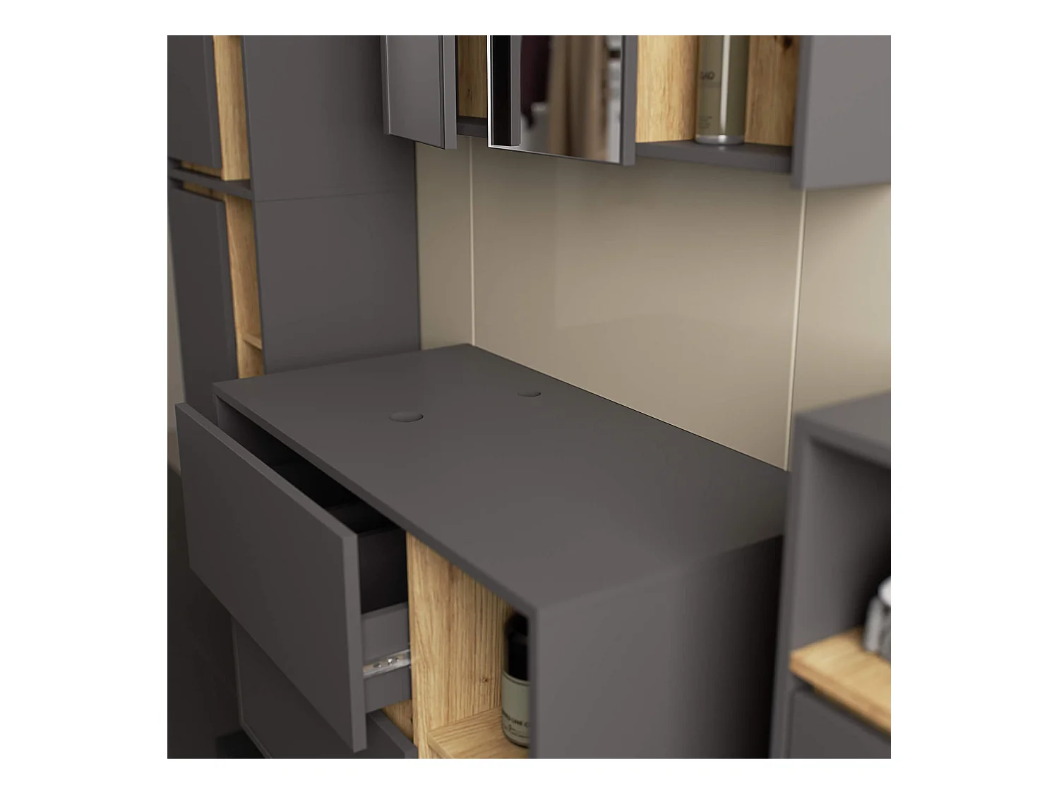 Badkamermeubelset VAMI 4-delige met twee Gaten voor Opzetwastafel / hangende Badkamerkasten / 21 Planken en 2 Lades / Craft Eik - Zwart / AKORD Furniture Factory