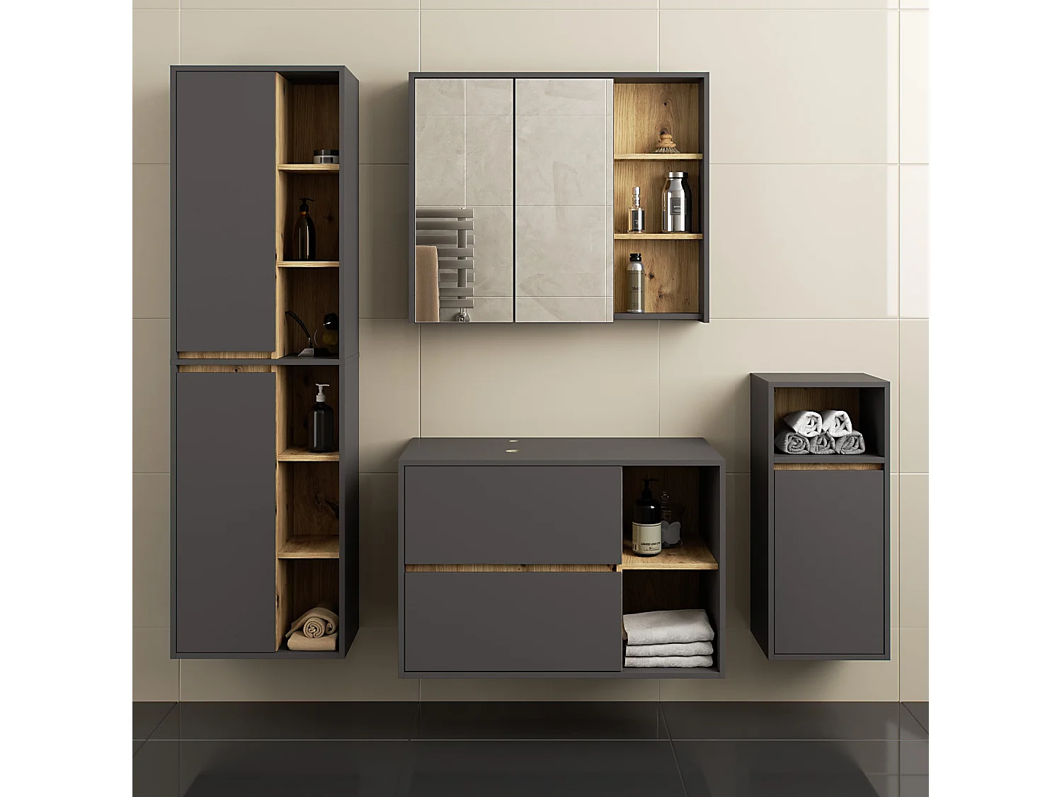 Ensemble de meubles de salle de bains suspendus VAMI avec découpe pour vasque à poser Gris Graphite intérieur Chêne Artisan