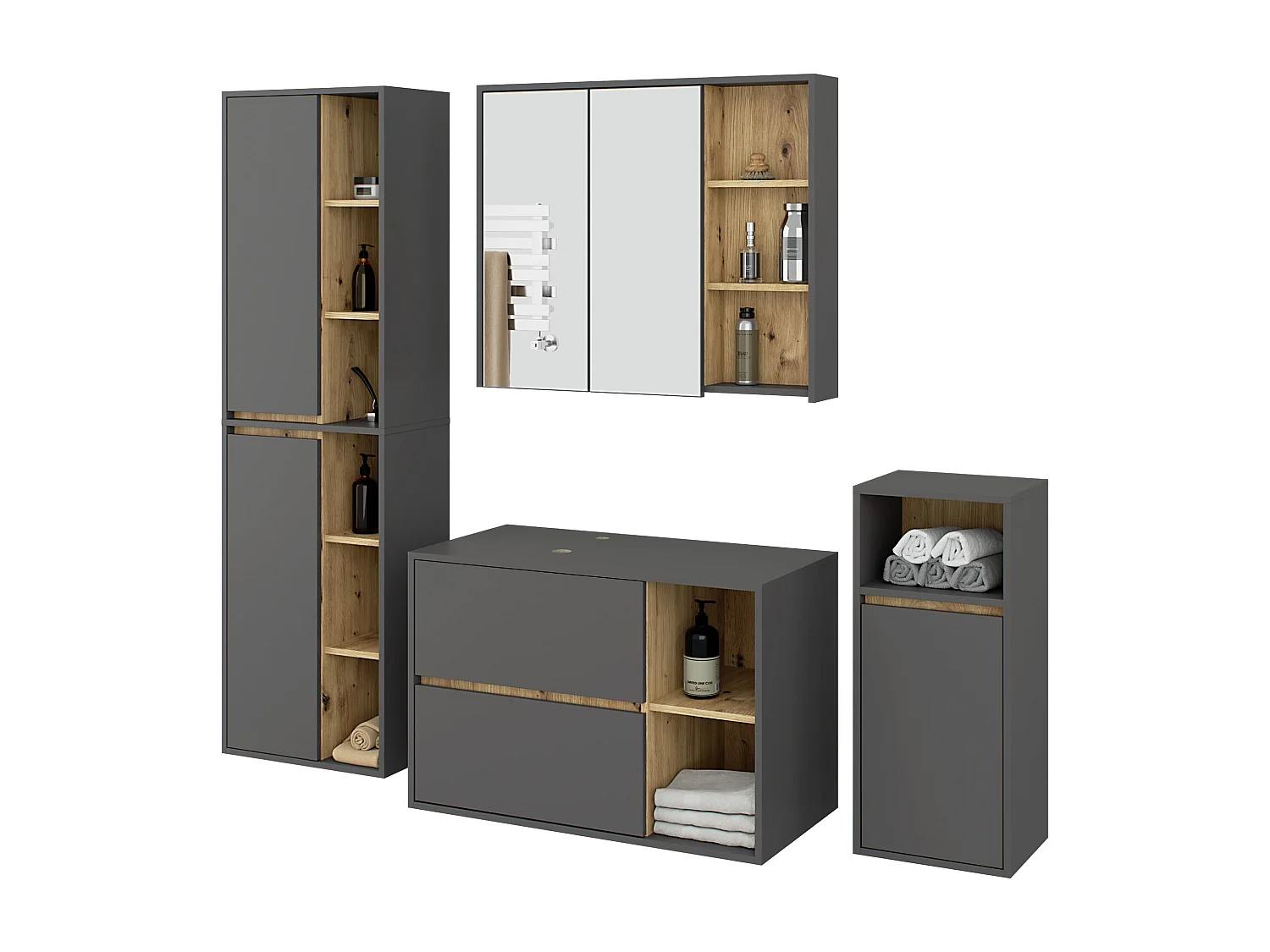 Ensemble de meubles de salle de bains suspendus VAMI avec découpe pour vasque à poser Gris Graphite intérieur Chêne Artisan