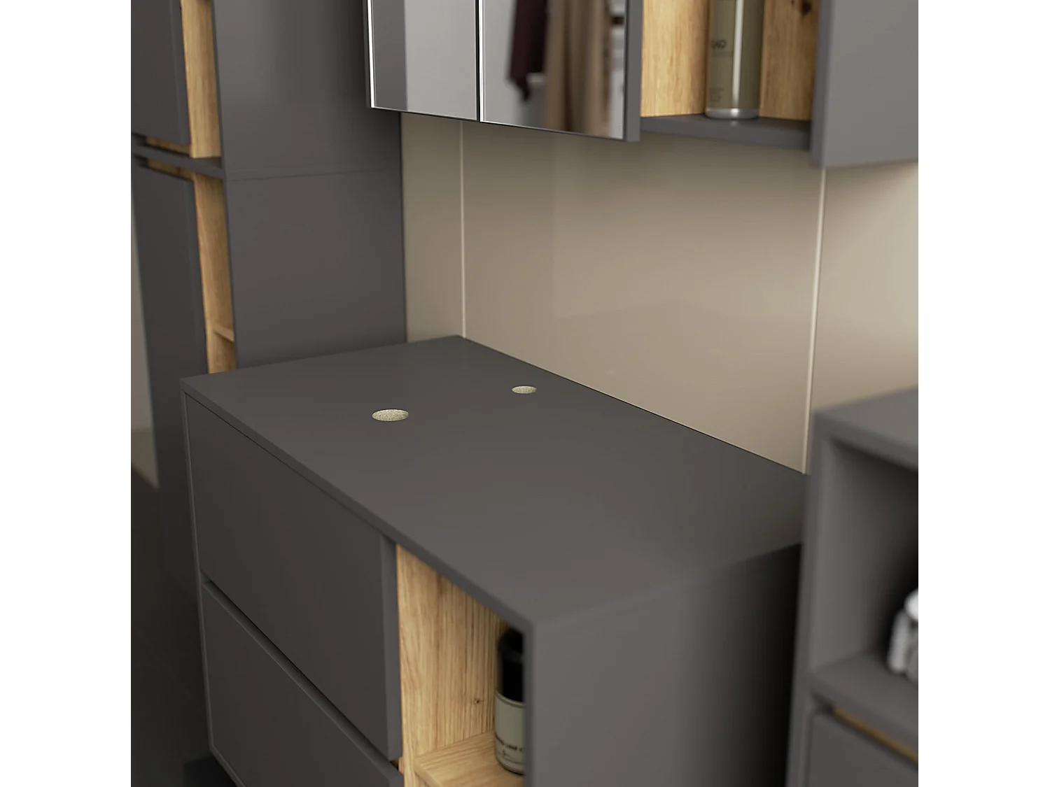 Ensemble de meubles de salle de bains suspendus VAMI avec découpe pour vasque à poser Gris Graphite intérieur Chêne Artisan