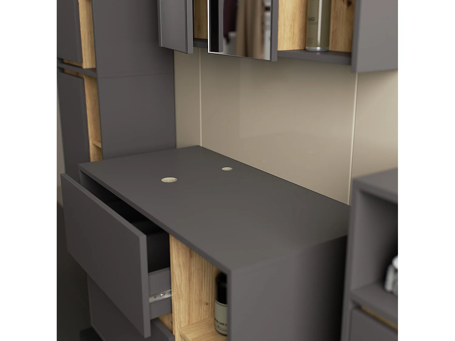 Ensemble de meubles de salle de bains suspendus VAMI avec découpe pour vasque à poser Gris Graphite intérieur Chêne Artisan