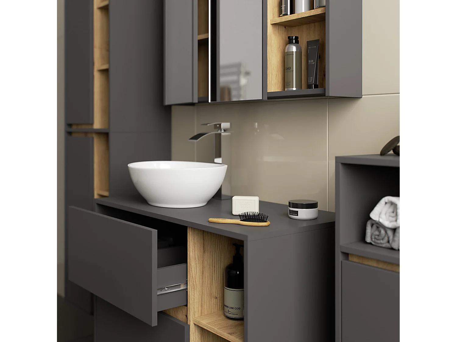 Ensemble de meubles de salle de bains suspendus VAMI avec découpe pour vasque à poser Gris Graphite intérieur Chêne Artisan