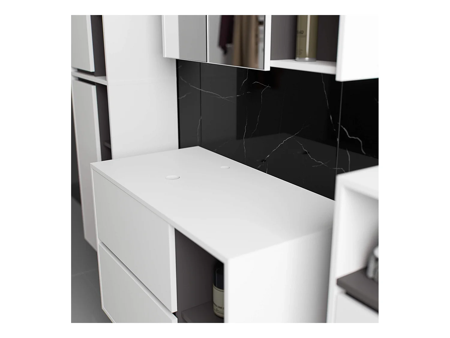 Badkamermeubelset VAMI 4-delige met twee Gaten voor Opzetwastafel / hangende Badkamerkasten / 21 Planken en 2 Lades / Wit - Grafietgrijs / AKORD Furniture Factory