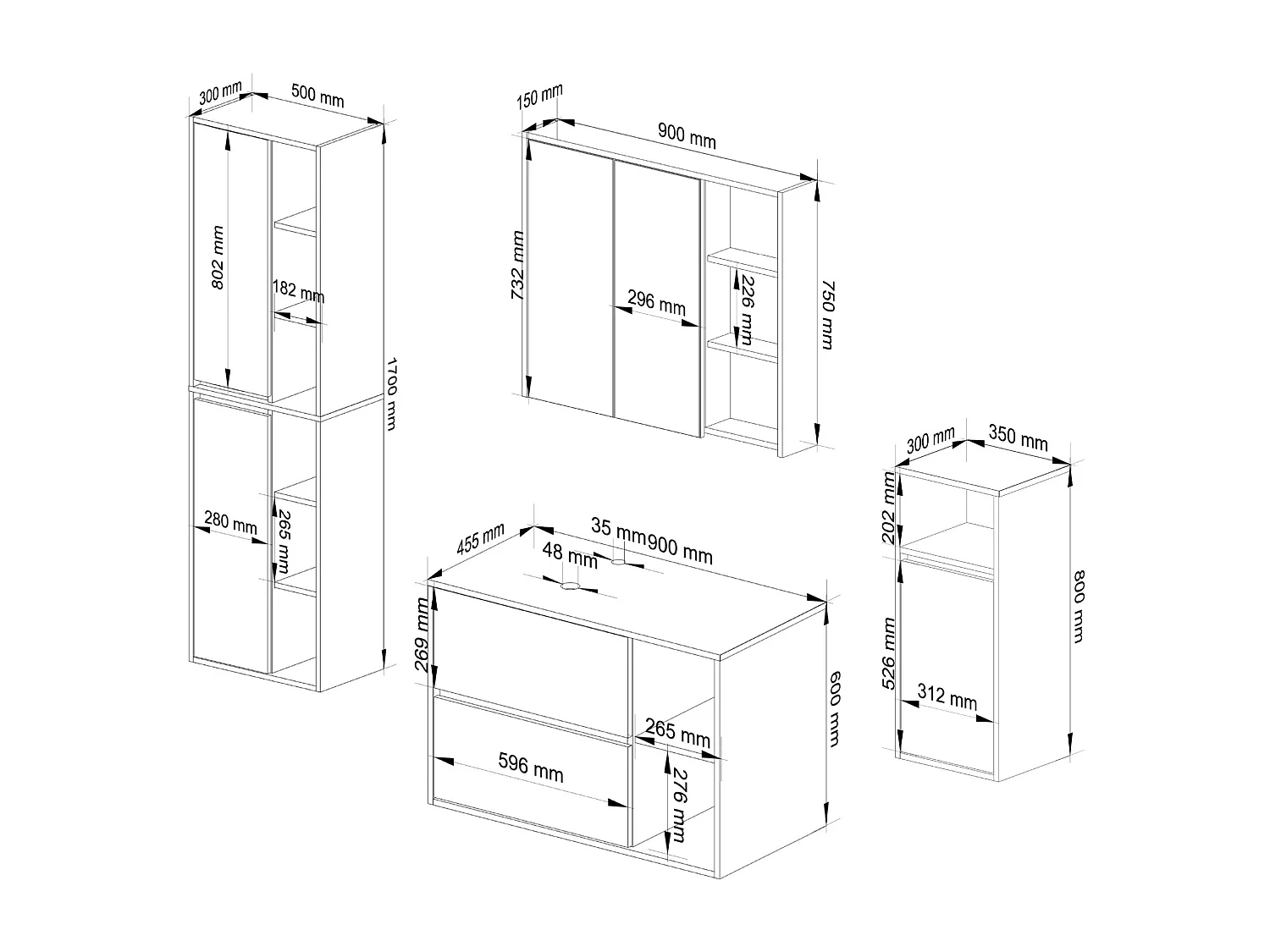 Badkamermeubelset VAMI 4-delige met twee Gaten voor Opzetwastafel / hangende Badkamerkasten / 21 Planken en 2 Lades / Wit - Grafietgrijs / AKORD Furniture Factory