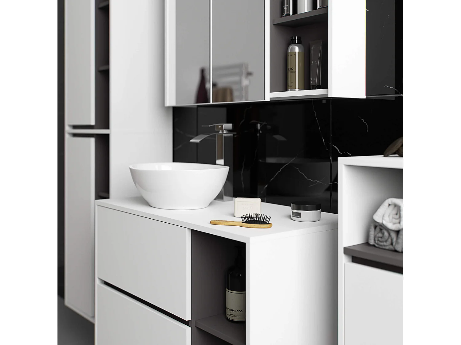 Badkamermeubelset VAMI 4-delige met twee Gaten voor Opzetwastafel / hangende Badkamerkasten / 21 Planken en 2 Lades / Wit - Grafietgrijs / AKORD Furniture Factory