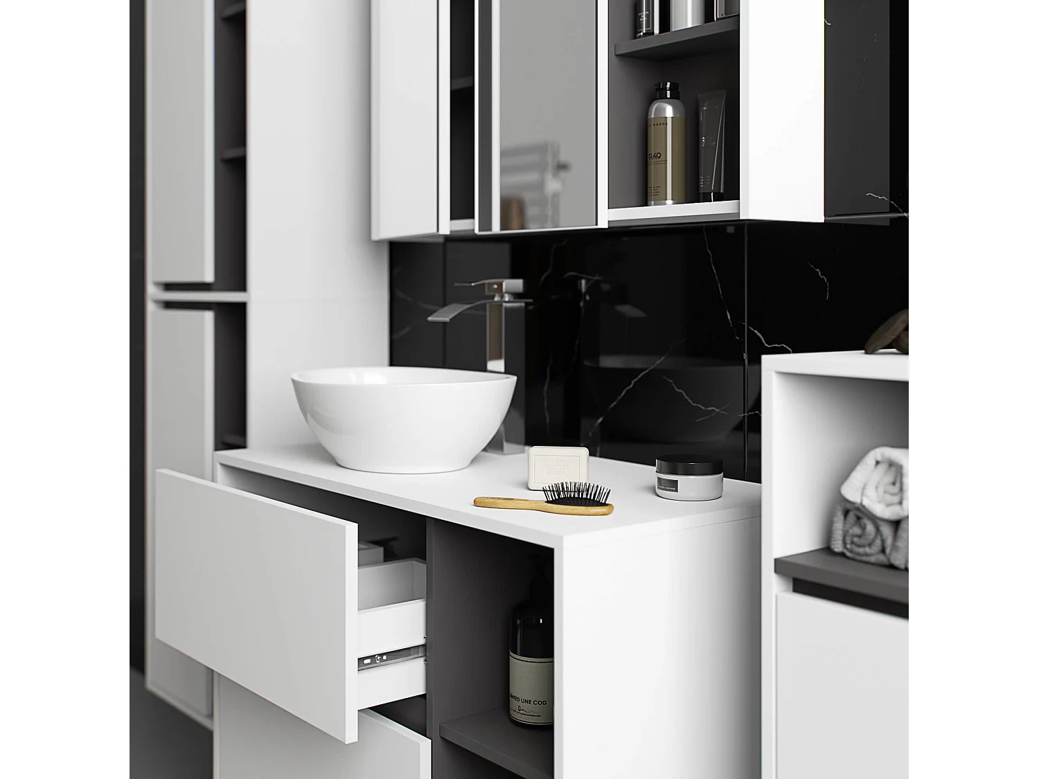 Badkamermeubelset VAMI 4-delige met twee Gaten voor Opzetwastafel / hangende Badkamerkasten / 21 Planken en 2 Lades / Wit - Grafietgrijs / AKORD Furniture Factory