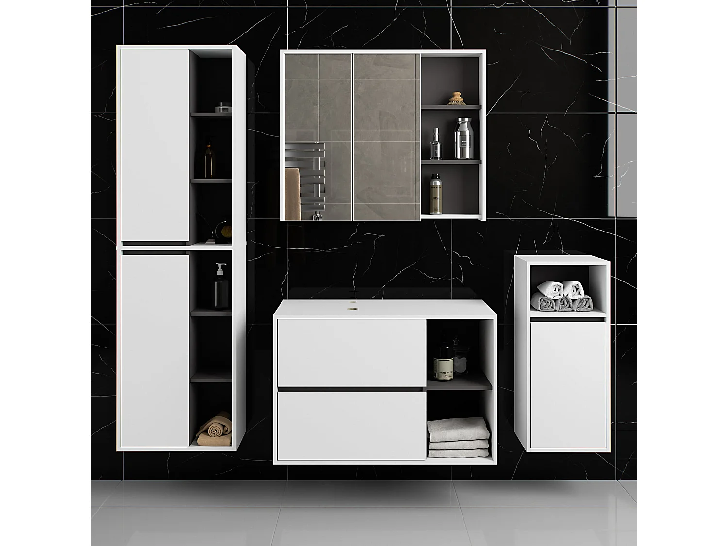 Set di mobili da bagno sospesi VAMI in Bianco con interno Grigio Grafite con fori per lavabo da appoggio