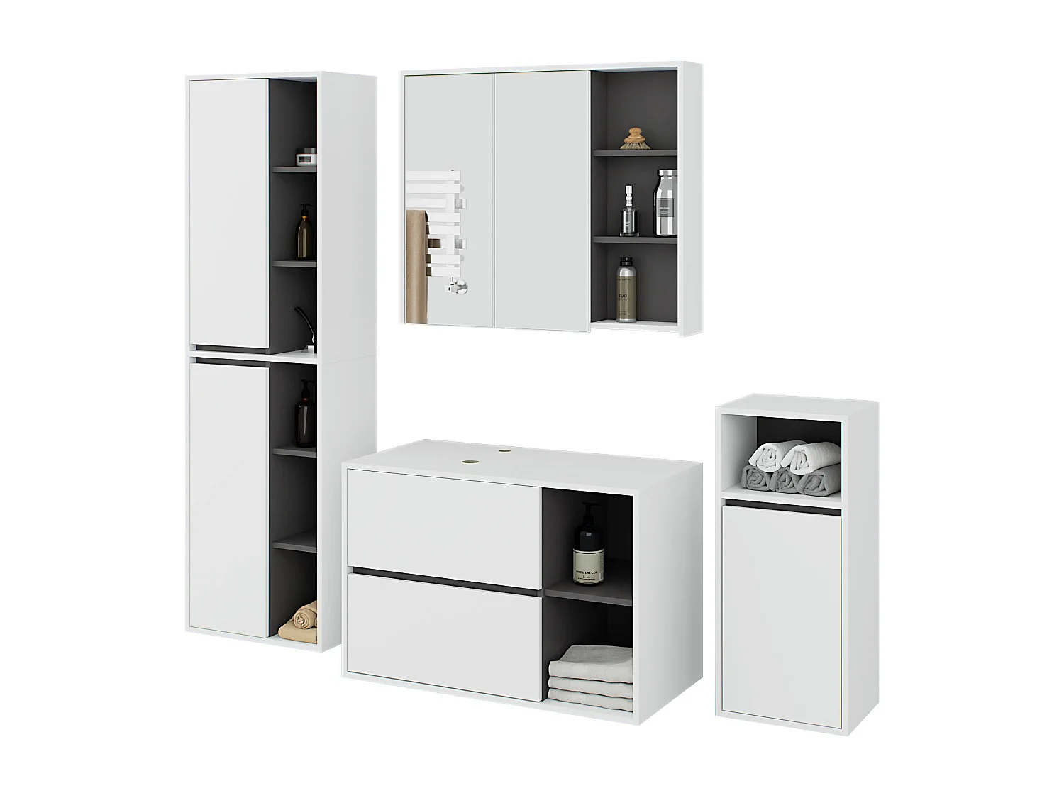 Set di mobili da bagno sospesi VAMI in Bianco con interno Grigio Grafite con fori per lavabo da appoggio