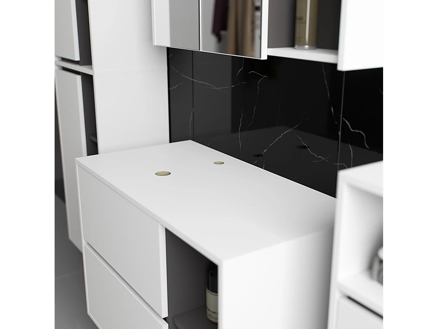 Set di mobili da bagno sospesi VAMI in Bianco con interno Grigio Grafite con fori per lavabo da appoggio