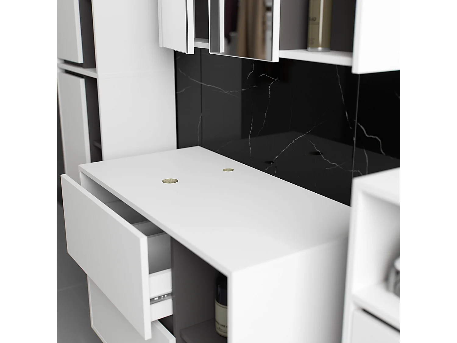 Set di mobili da bagno sospesi VAMI in Bianco con interno Grigio Grafite con fori per lavabo da appoggio