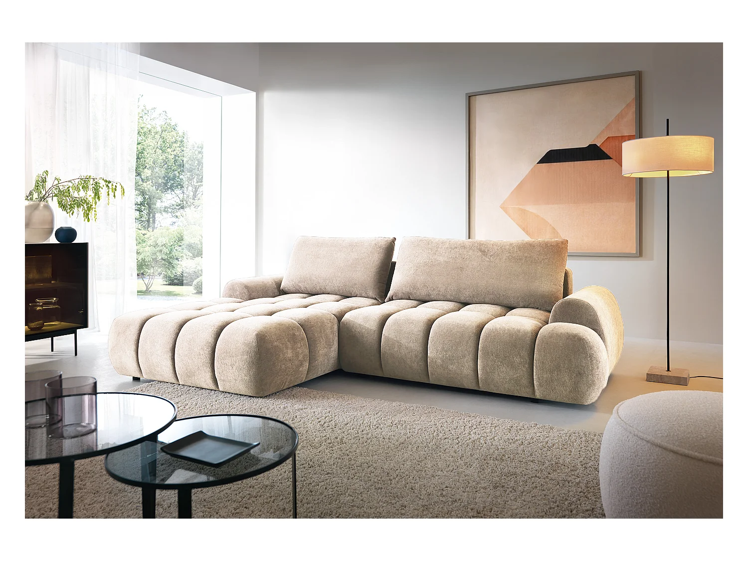Emporius Valerio Ecksofa 280 cm - Schlafsofa mit Bettkasten, Links - Samt Beige (Gobi 3)