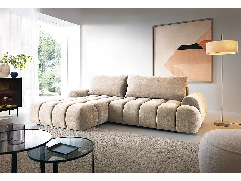 Emporius Valerio Ecksofa 280 cm - Schlafsofa mit Bettkasten, Links - Samt Beige (Gobi 3)