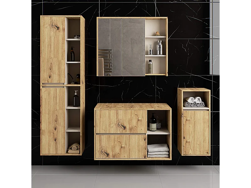 Hängendes Badezimmermöbel-Set VAMI in Artisan Eiche mit Innen in Kaschmir mit Ausschnitten für Aufsatzwaschbecken