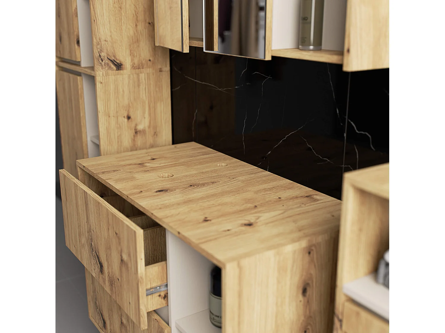 Badkamermeubelset VAMI 4-delige met twee Gaten voor Opzetwastafel / hangende Badkamerkasten / 21 Planken en 2 Lades / Artisan Eik - Kasjmier / AKORD