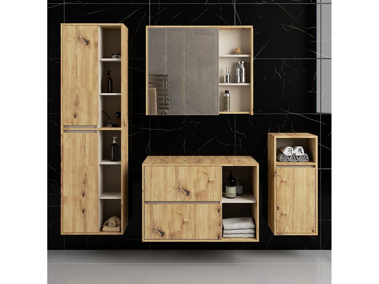 Hängendes Badezimmermöbel-Set VAMI in Artisan Eiche mit Innen in Kaschmir mit Ausschnitten für Aufsatzwaschbecken