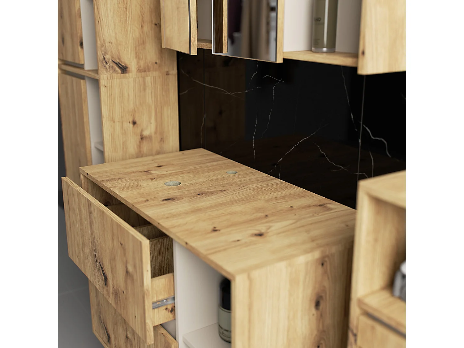 Hängendes Badezimmermöbel-Set VAMI in Artisan Eiche mit Innen in Kaschmir mit Ausschnitten für Aufsatzwaschbecken