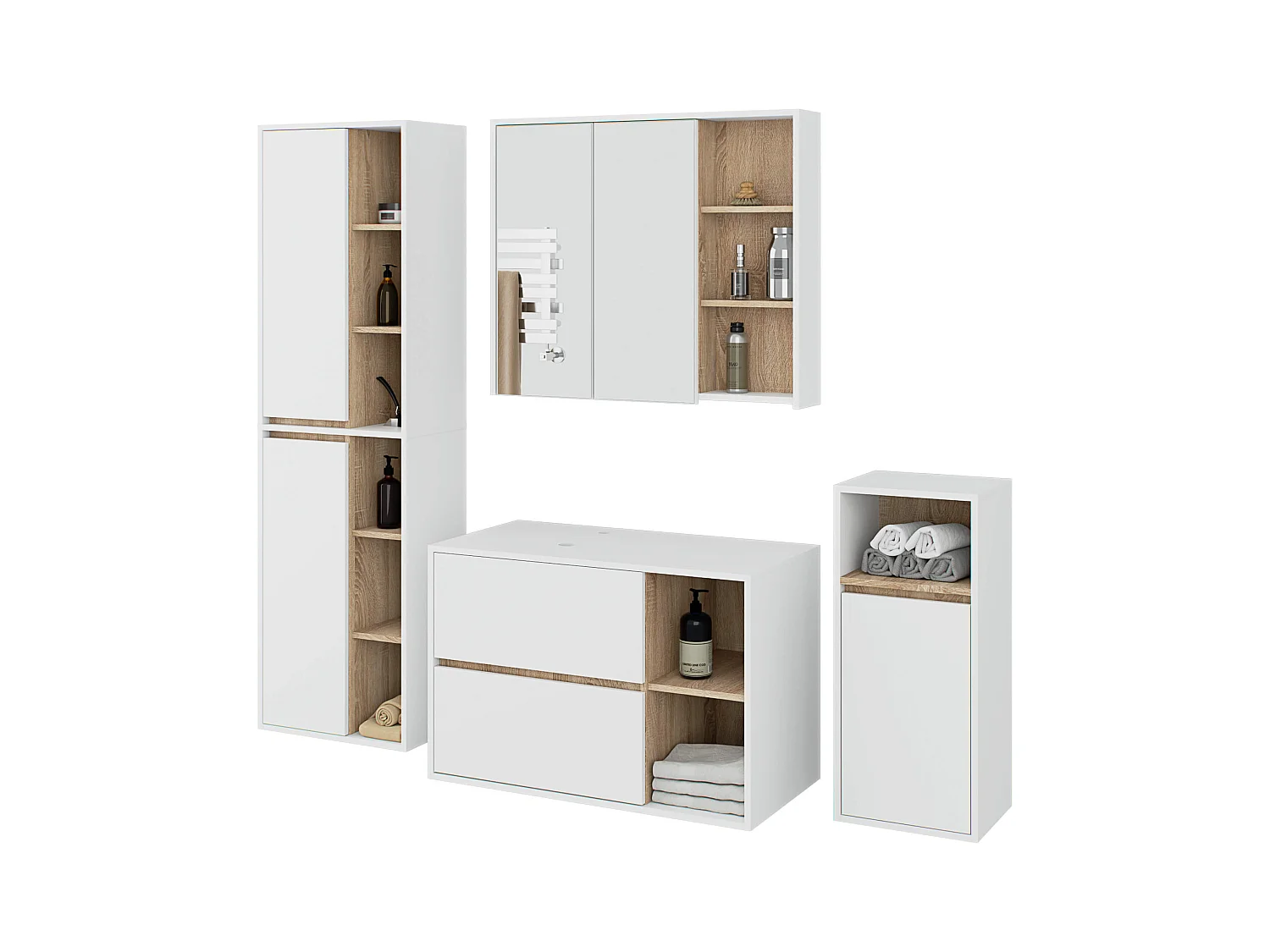 Hängendes Badezimmermöbel-Set VAMI in Weiß mit Innen in Sonoma Eiche mit Ausschnitten für Aufsatzwaschbecken