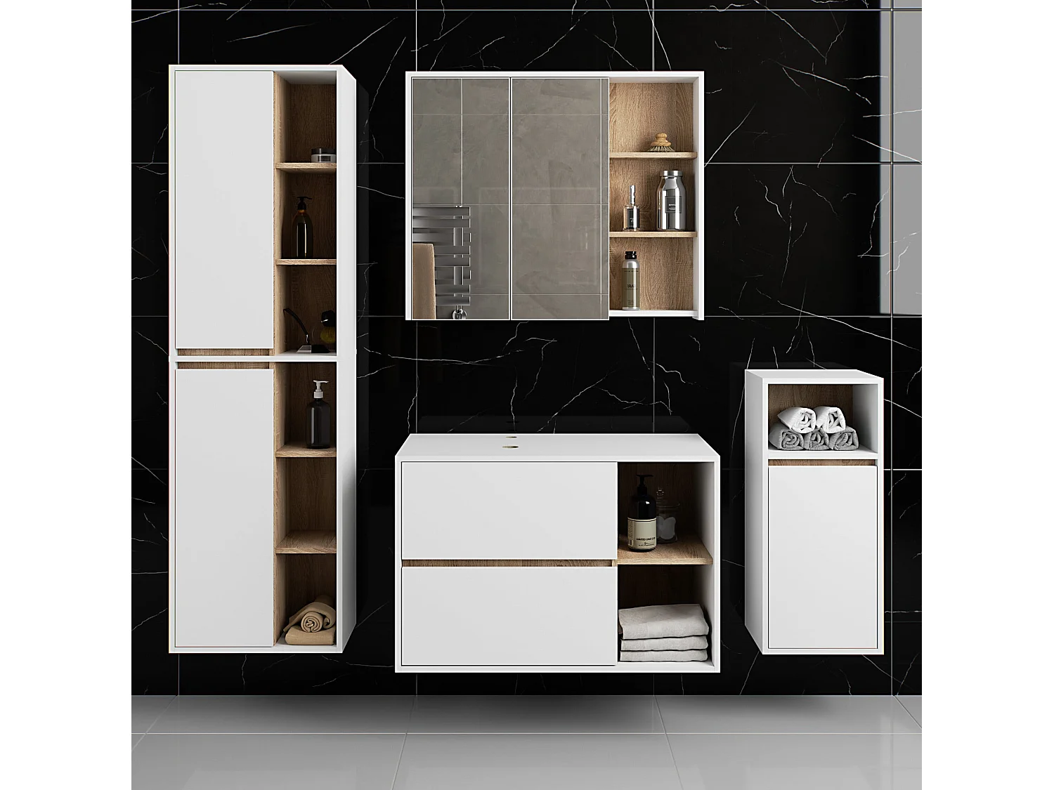 Hängendes Badezimmermöbel-Set VAMI in Weiß mit Innen in Sonoma Eiche mit Ausschnitten für Aufsatzwaschbecken