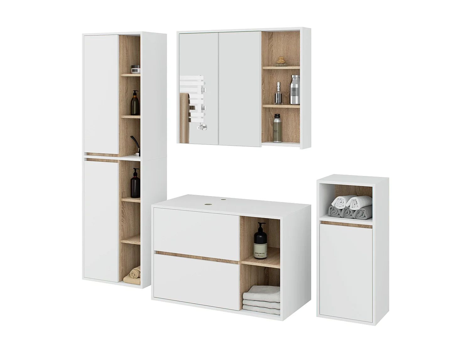 Hängendes Badezimmermöbel-Set VAMI in Weiß mit Innen in Sonoma Eiche mit Ausschnitten für Aufsatzwaschbecken