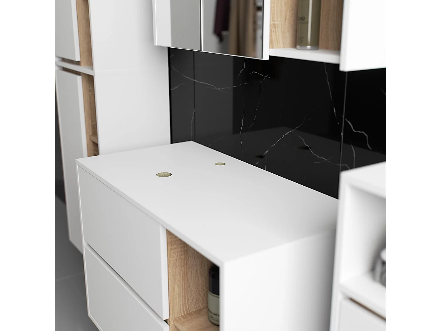 Hängendes Badezimmermöbel-Set VAMI in Weiß mit Innen in Sonoma Eiche mit Ausschnitten für Aufsatzwaschbecken