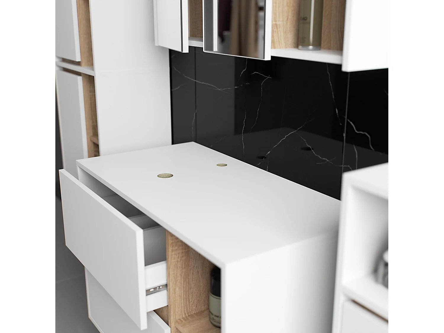 Hängendes Badezimmermöbel-Set VAMI in Weiß mit Innen in Sonoma Eiche mit Ausschnitten für Aufsatzwaschbecken