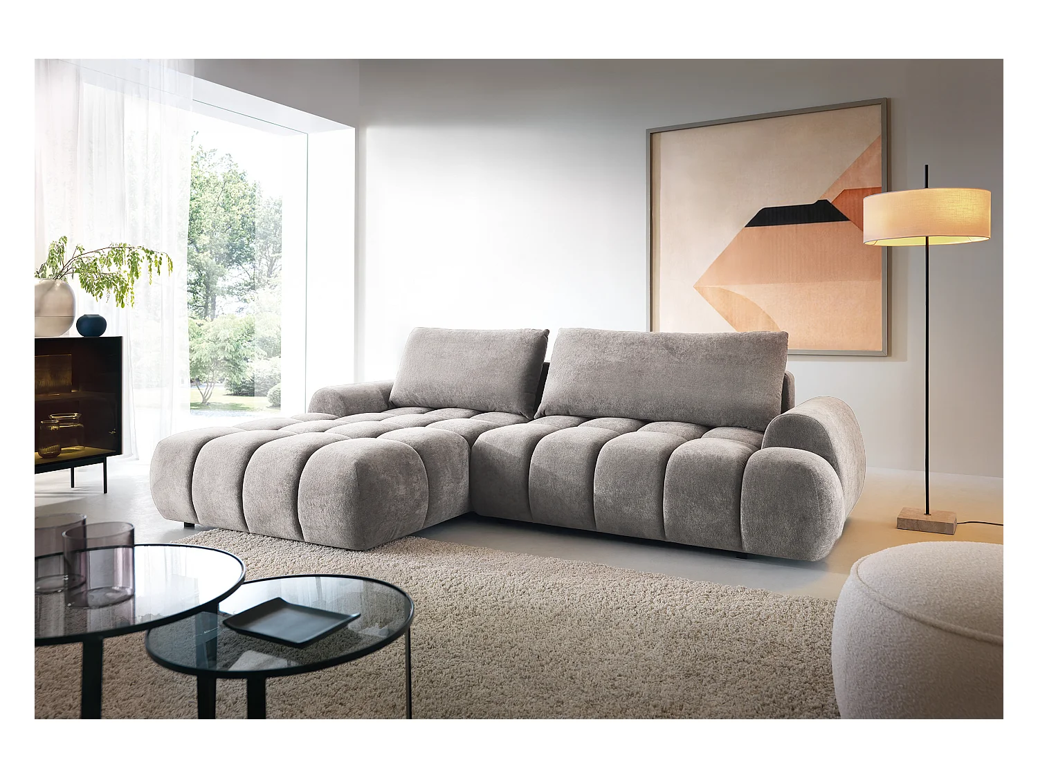Emporius Valerio Ecksofa 280 cm - Schlafsofa mit Bettkasten, Links - Samt Hellgrau (Gobi 16)