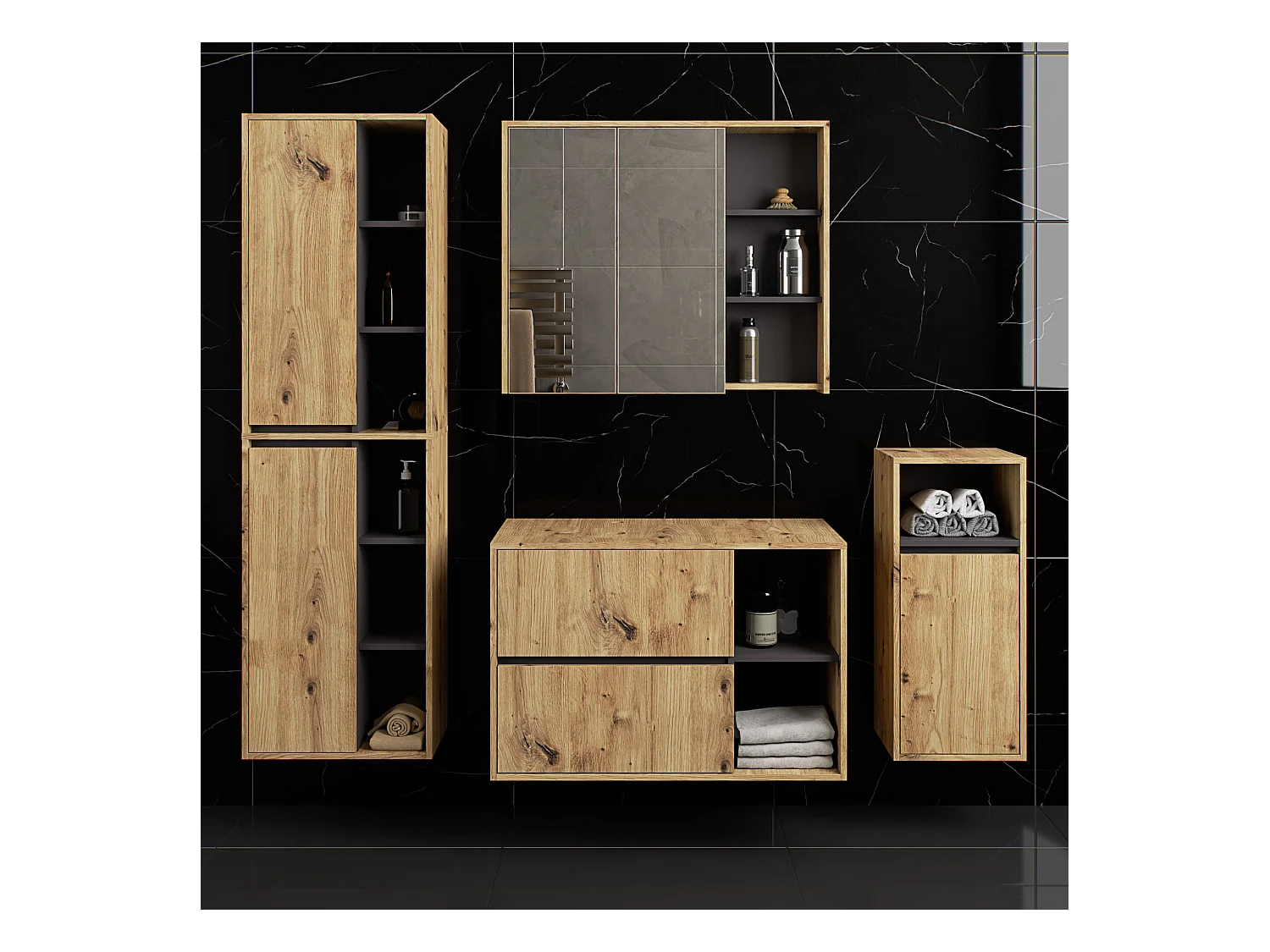 Badkamermeubelset VAMI 4-delige met twee Gaten voor Opzetwastafel / hangende Badkamerkasten / 21 Planken en 2 Lades / Artisan Eik - Grafietgrijs / AKORD