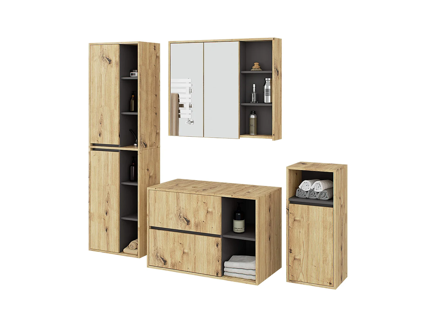 Badkamermeubelset VAMI 4-delige met twee Gaten voor Opzetwastafel / hangende Badkamerkasten / 21 Planken en 2 Lades / Artisan Eik - Grafietgrijs / AKORD