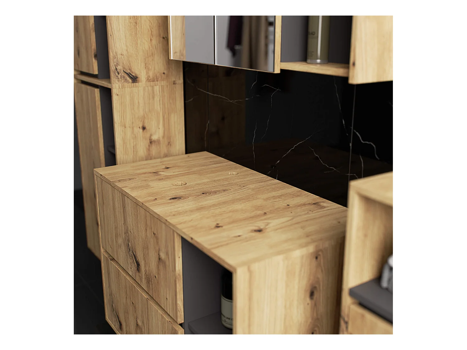 Badkamermeubelset VAMI 4-delige met twee Gaten voor Opzetwastafel / hangende Badkamerkasten / 21 Planken en 2 Lades / Artisan Eik - Grafietgrijs / AKORD