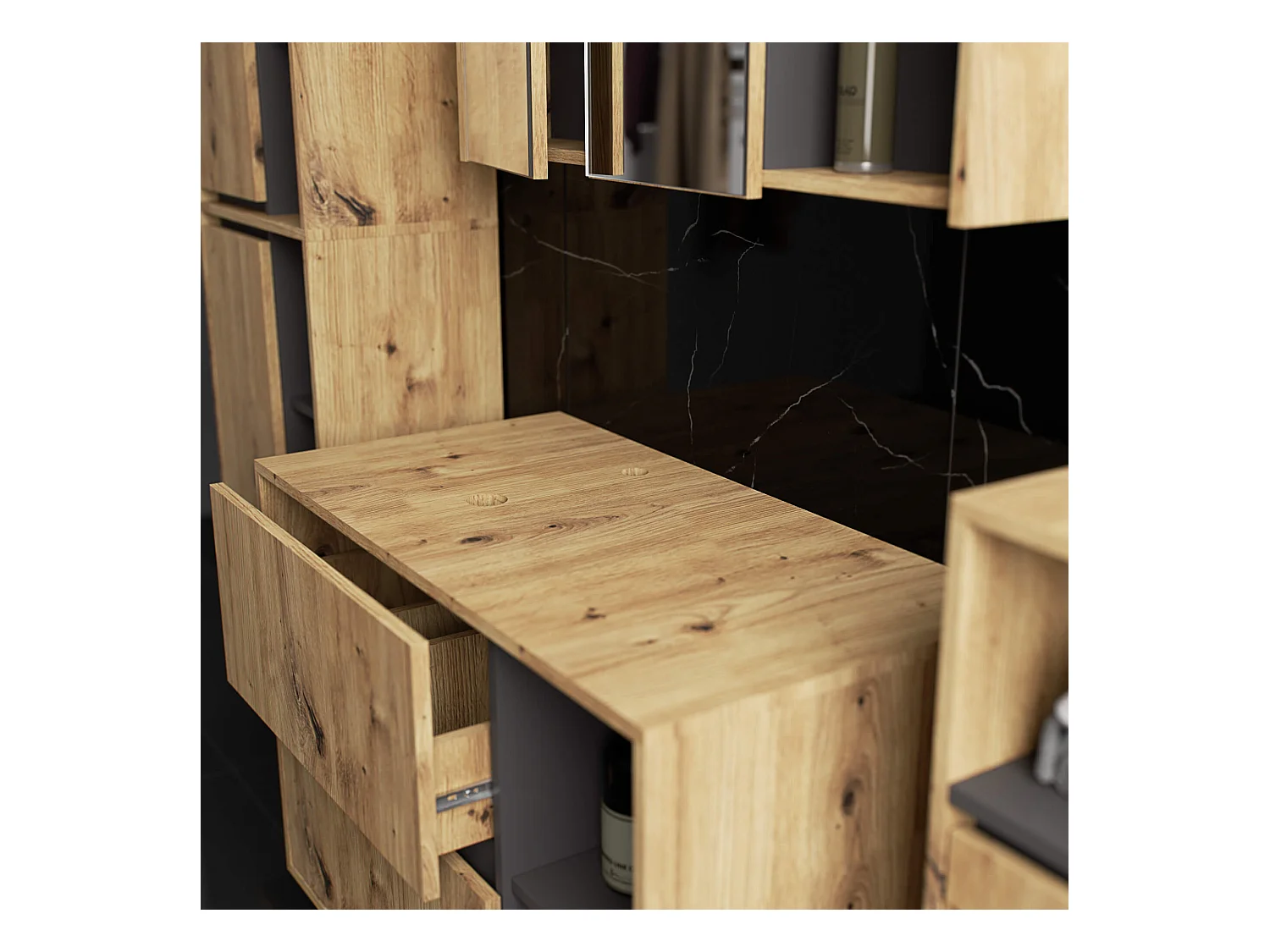 Badkamermeubelset VAMI 4-delige met twee Gaten voor Opzetwastafel / hangende Badkamerkasten / 21 Planken en 2 Lades / Artisan Eik - Grafietgrijs / AKORD