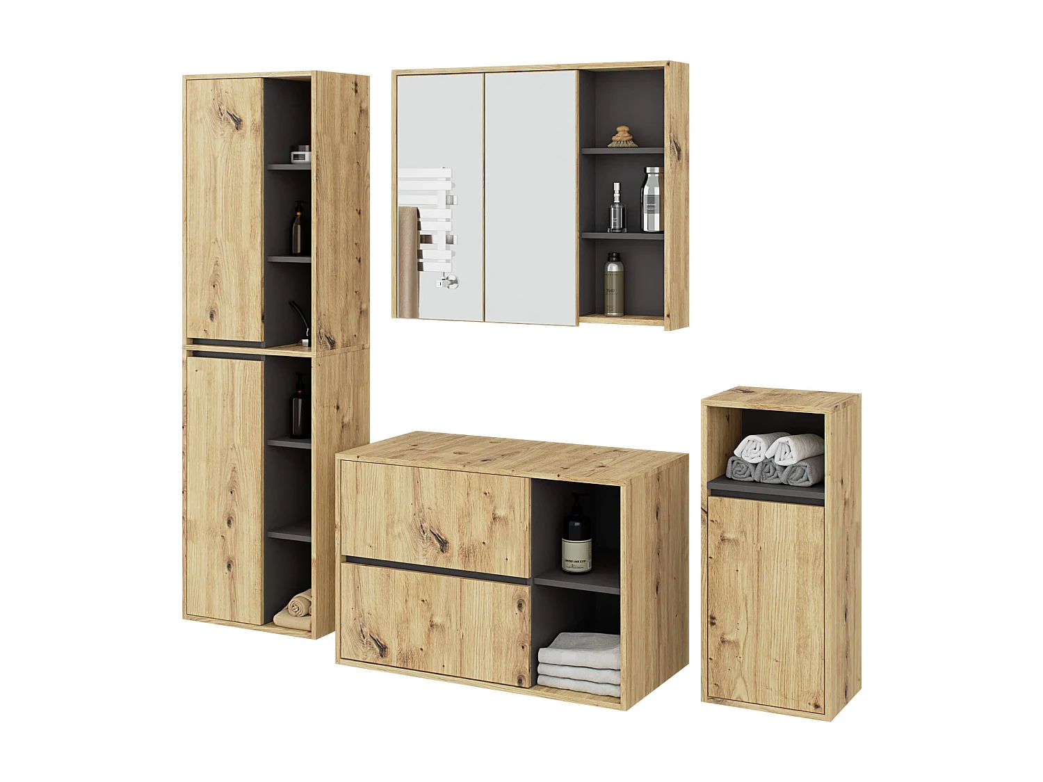 Badkamermeubelset VAMI 4-delige met twee Gaten voor Opzetwastafel / hangende Badkamerkasten / 21 Planken en 2 Lades / Artisan Eik - Grafietgrijs / AKORD