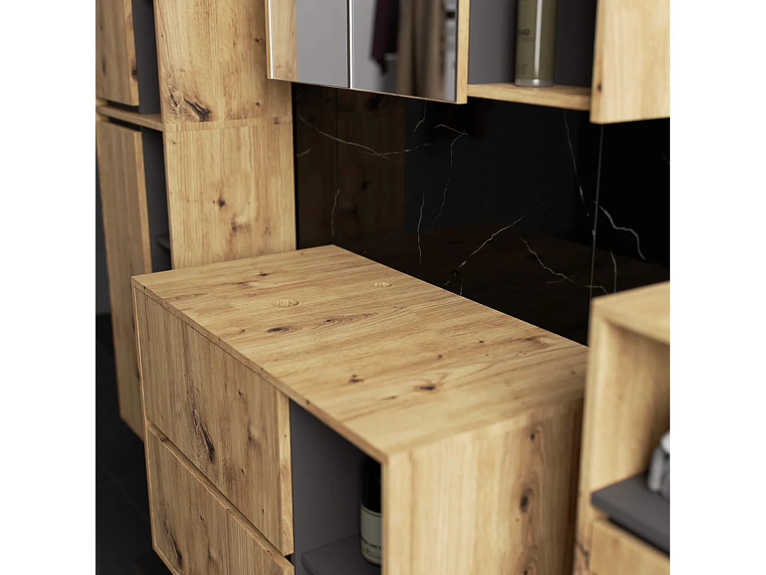 Badkamermeubelset VAMI 4-delige met twee Gaten voor Opzetwastafel / hangende Badkamerkasten / 21 Planken en 2 Lades / Artisan Eik - Grafietgrijs / AKORD