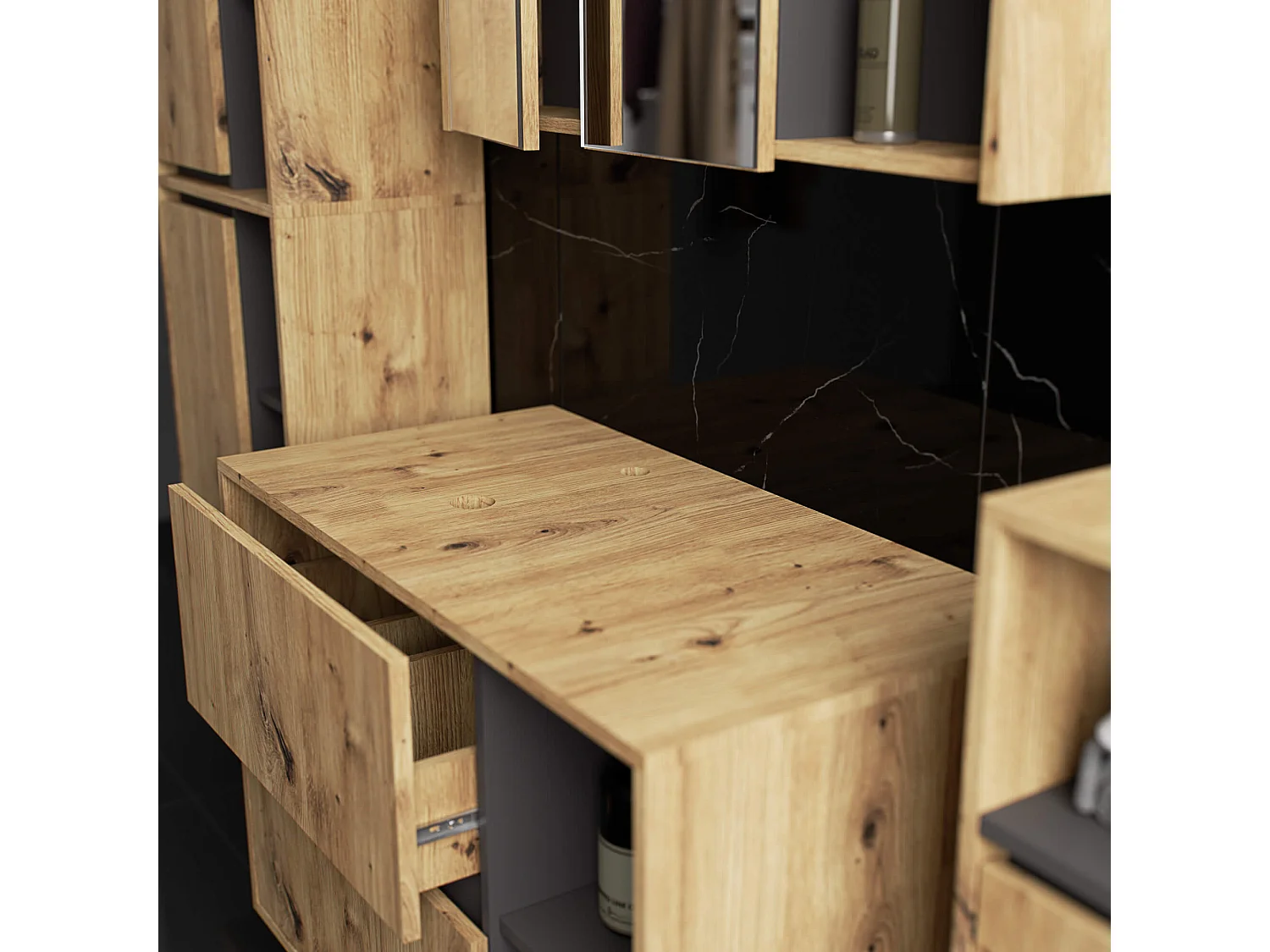 Badkamermeubelset VAMI 4-delige met twee Gaten voor Opzetwastafel / hangende Badkamerkasten / 21 Planken en 2 Lades / Artisan Eik - Grafietgrijs / AKORD