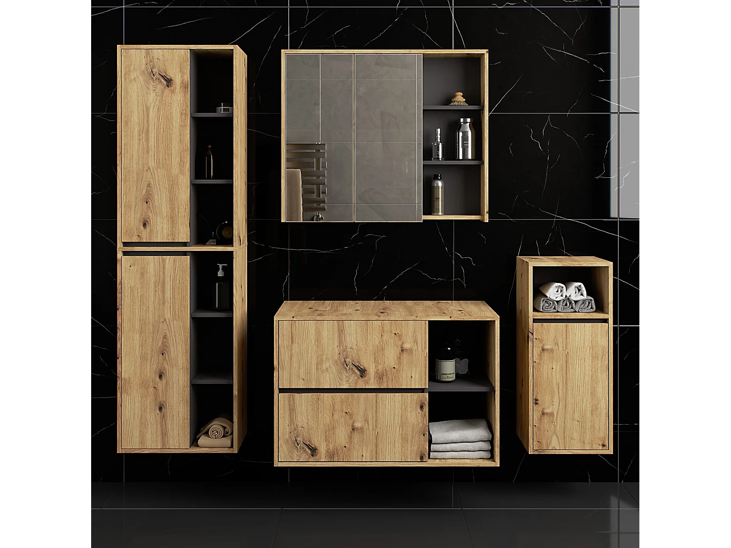 Ensemble de meubles de salle de bains suspendus VAMI avec découpe pour vasque à poser Chêne Artisan intérieur Gris Graphite