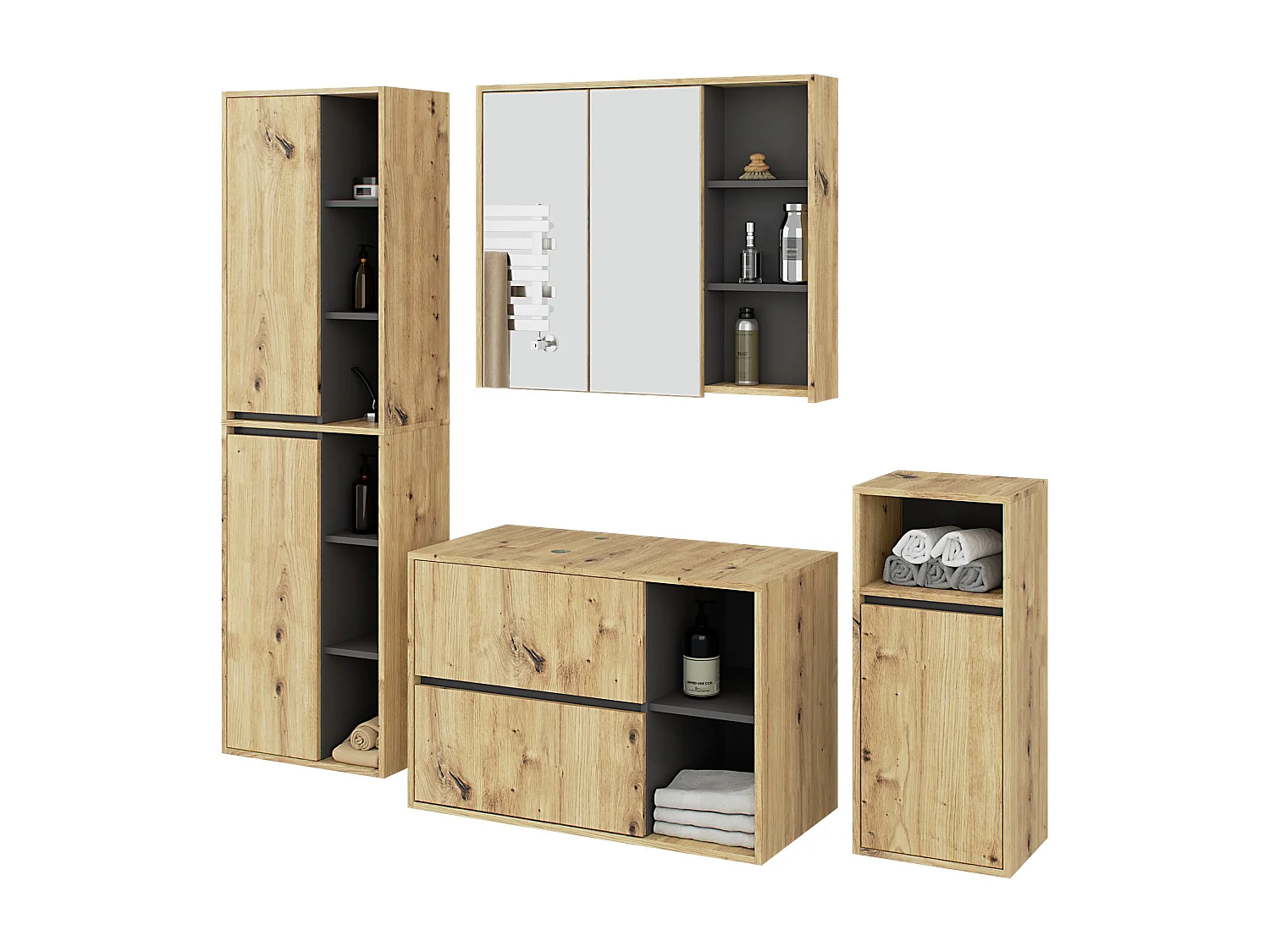 Ensemble de meubles de salle de bains suspendus VAMI avec découpe pour vasque à poser Chêne Artisan intérieur Gris Graphite