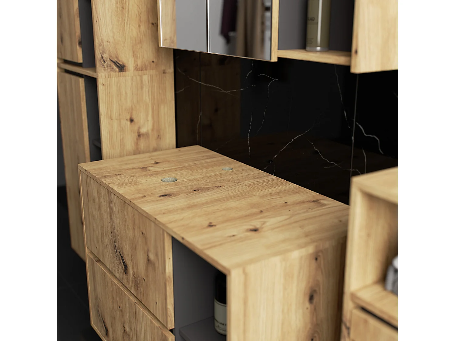 Ensemble de meubles de salle de bains suspendus VAMI avec découpe pour vasque à poser Chêne Artisan intérieur Gris Graphite