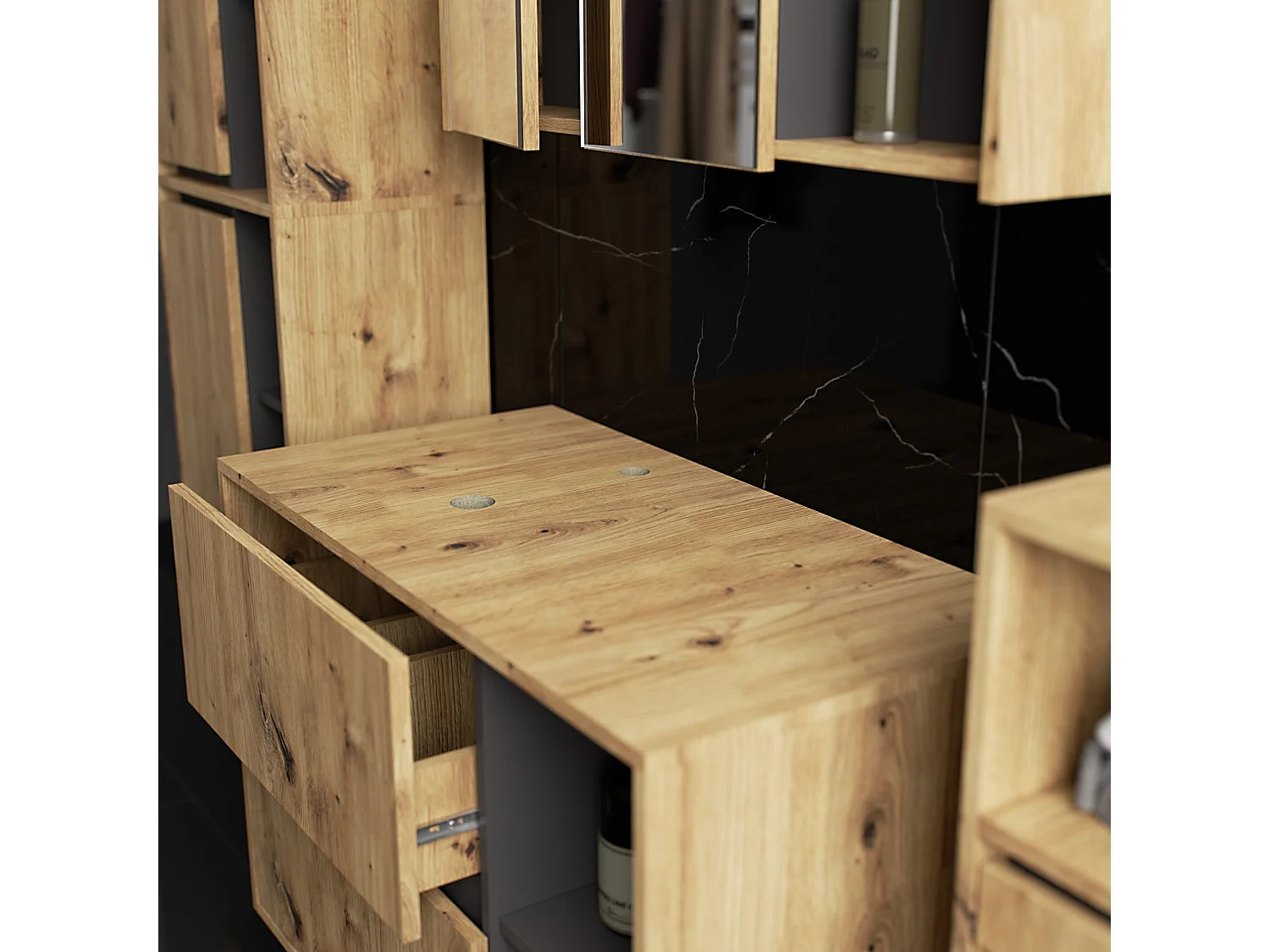 Ensemble de meubles de salle de bains suspendus VAMI avec découpe pour vasque à poser Chêne Artisan intérieur Gris Graphite