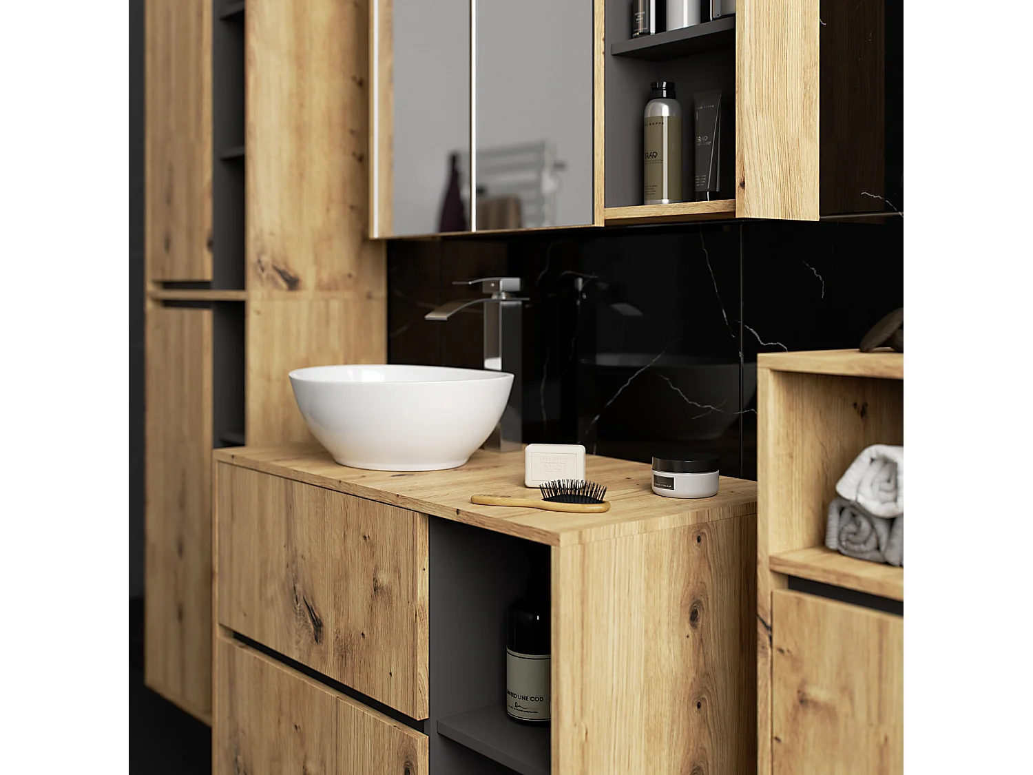 Ensemble de meubles de salle de bains suspendus VAMI avec découpe pour vasque à poser Chêne Artisan intérieur Gris Graphite